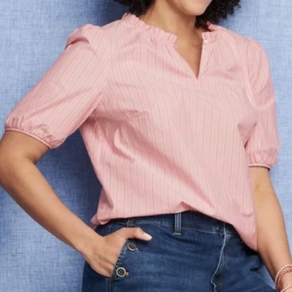 Talbots Pink Puff Sleeve Blouse with Frill Collar-Size M Petite New With Tag - Picture 4 of 11